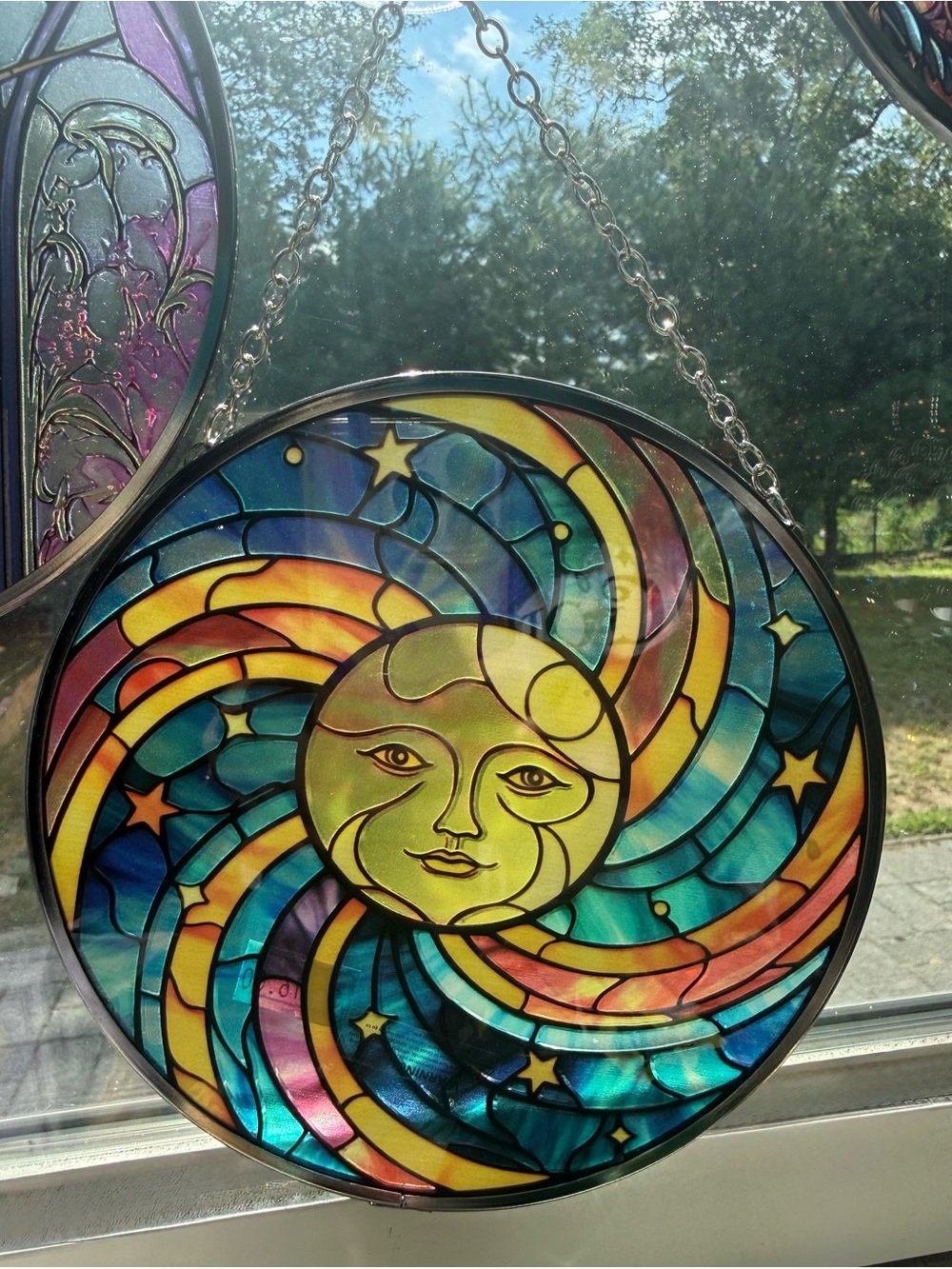 Sun and Swirl Stained Glass Hanging Panel - Multicolor